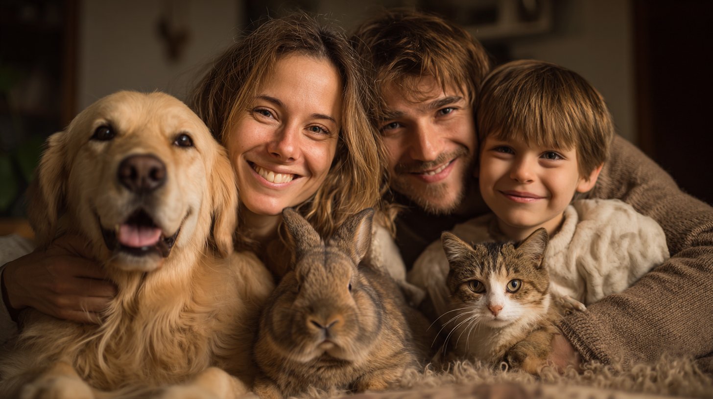 Glückliche Familie mit Hund, Katze und Hase
